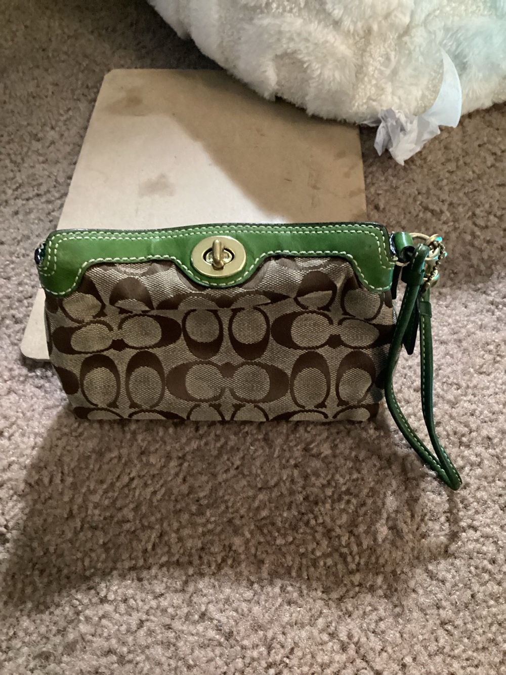 Coach Signature Canvas Wristlet with Green Leather Trim
